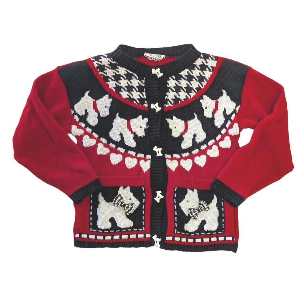 Vintage Jet Set Youth Girls Size 14 Red/Black Dog PrintSweater with Pockets